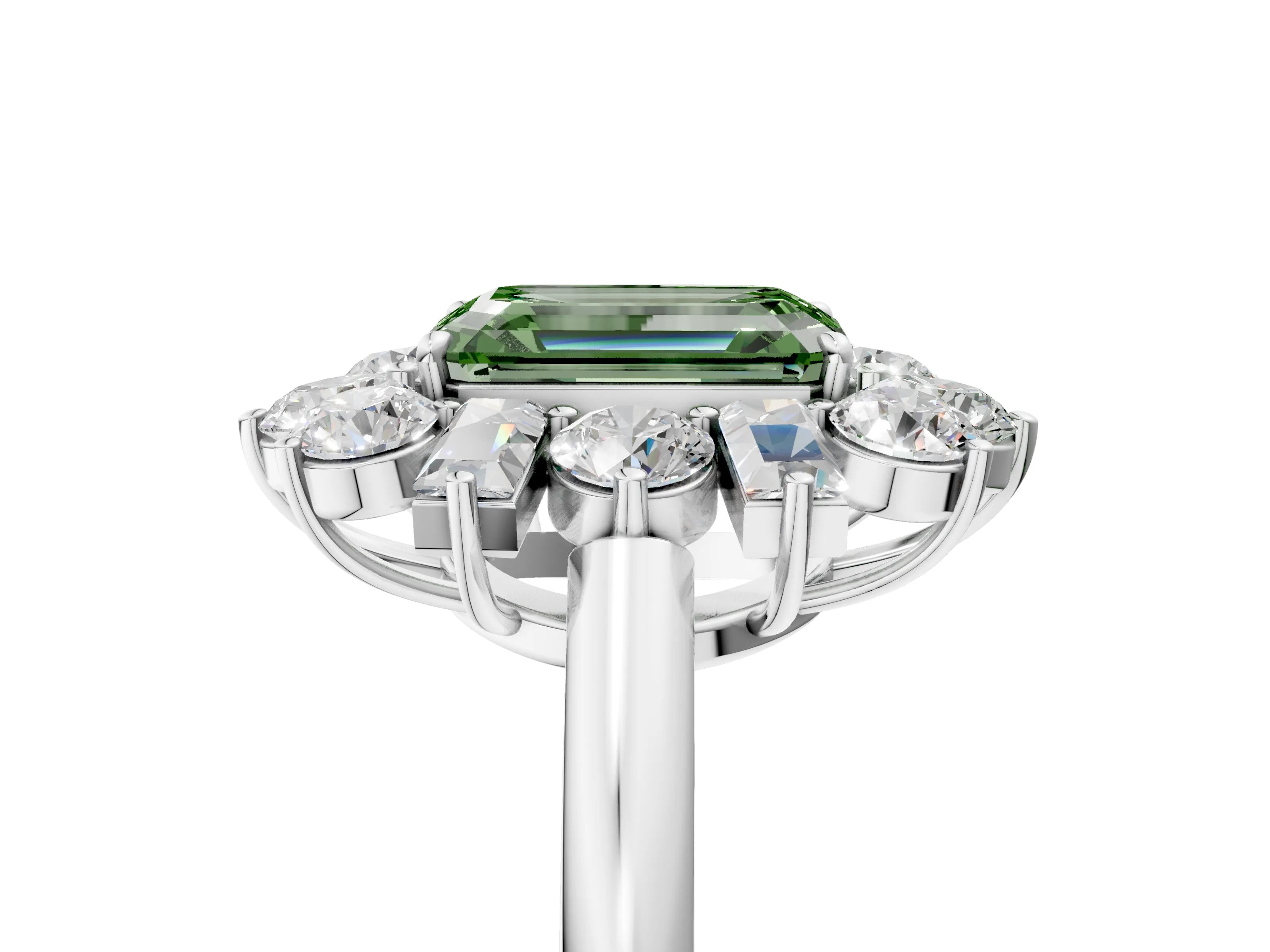 White gold Fancy Green Emerald Cut Diamond Cluster Ring with Round and Baguette Stones, Split Shank Band, Prong Setting_5