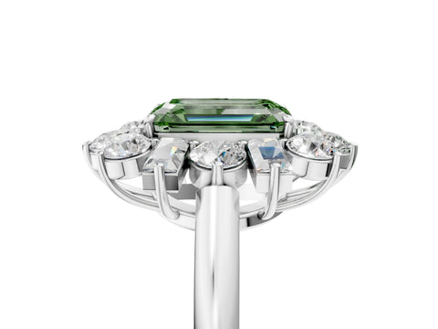 White gold Fancy Green Emerald Cut Diamond Cluster Ring with Round and Baguette Stones, Split Shank Band, Prong Setting_5