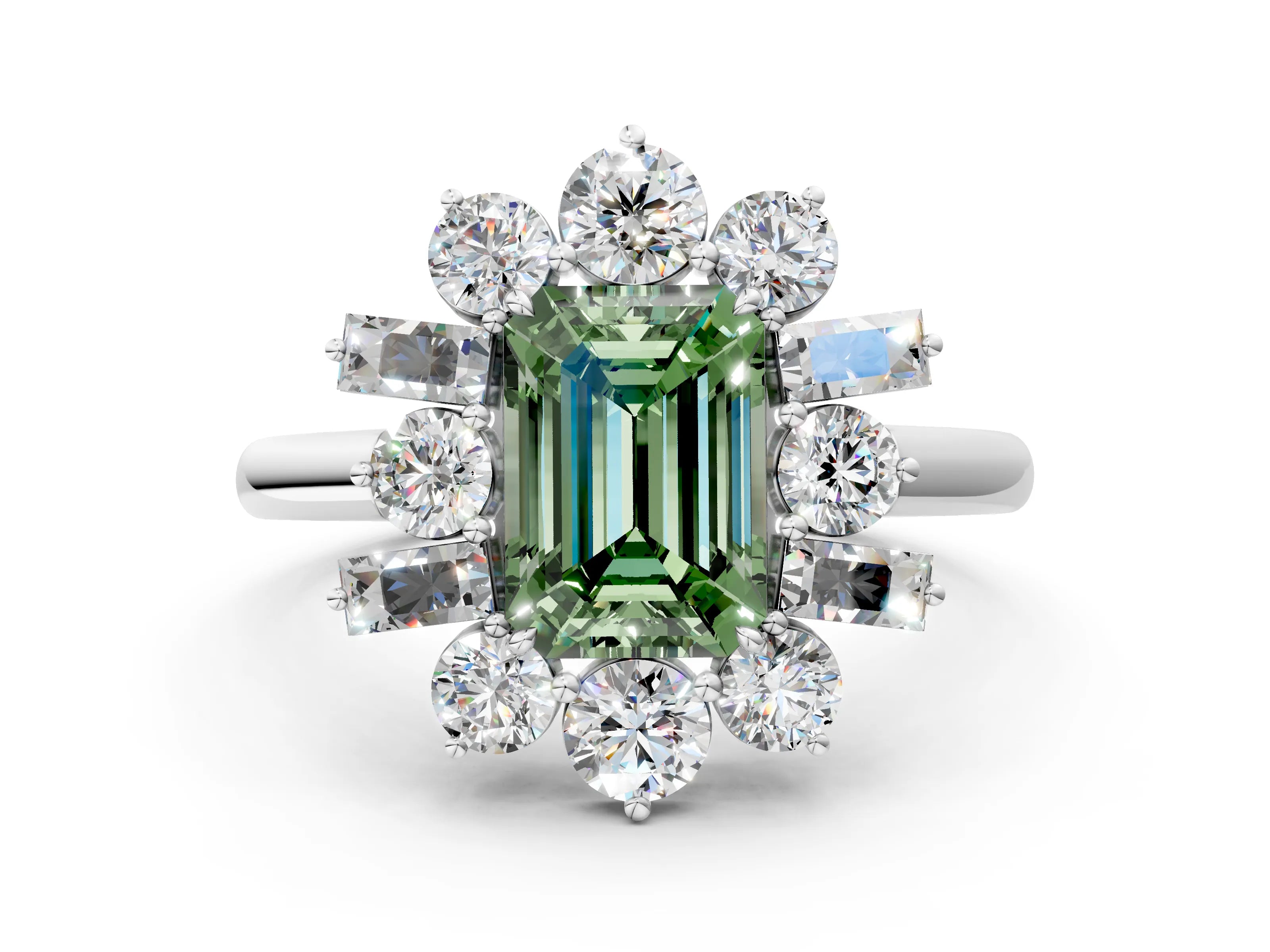 White gold Fancy Green Emerald Cut Diamond Cluster Ring with Round and Baguette Stones, Split Shank Band, Prong Setting