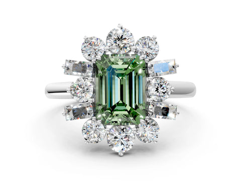 White gold Fancy Green Emerald Cut Diamond Cluster Ring with Round and Baguette Stones, Split Shank Band, Prong Setting