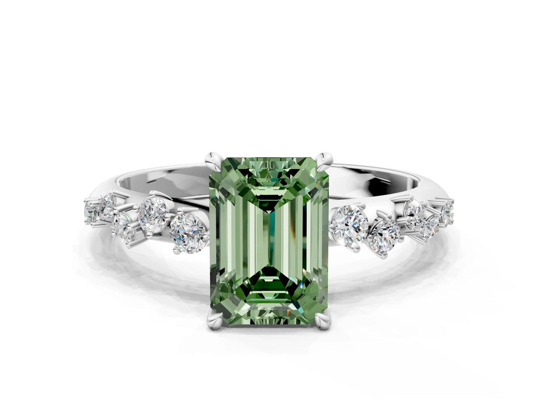 White gold Fancy Green Emerald Cut Diamond Cluster Side Stone Solitaire Ring with Prong Setting_77