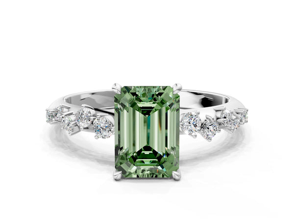 White gold Fancy Green Emerald Cut Diamond Cluster Side Stone Solitaire Ring with Prong Setting