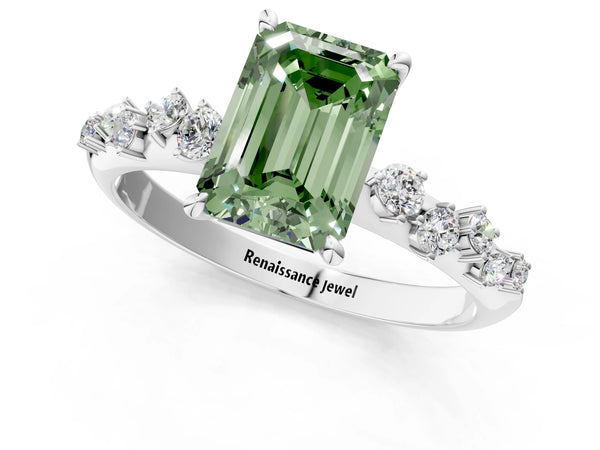 White gold Fancy Green Emerald Cut Diamond Cluster Side Stone Solitaire Ring with Prong Setting