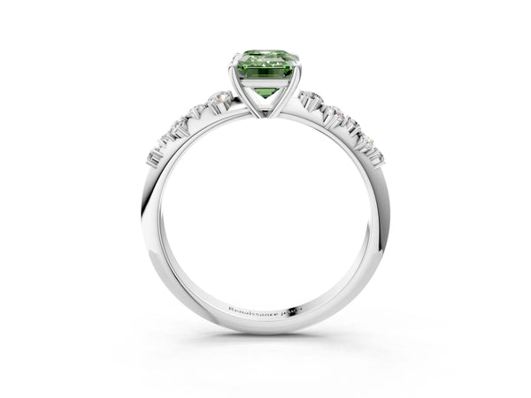 White gold Fancy Green Emerald Cut Diamond Cluster Side Stone Solitaire Ring with Prong Setting