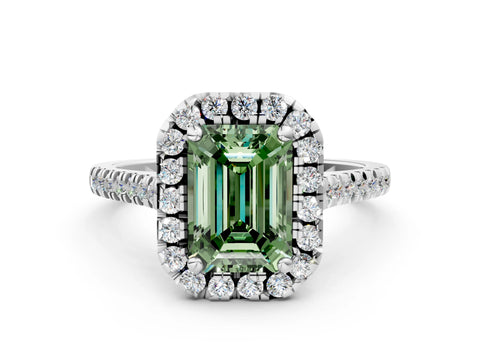 White gold Fancy Green Emerald Cut Diamond Cushion Halo Ring with Pavé Band_12