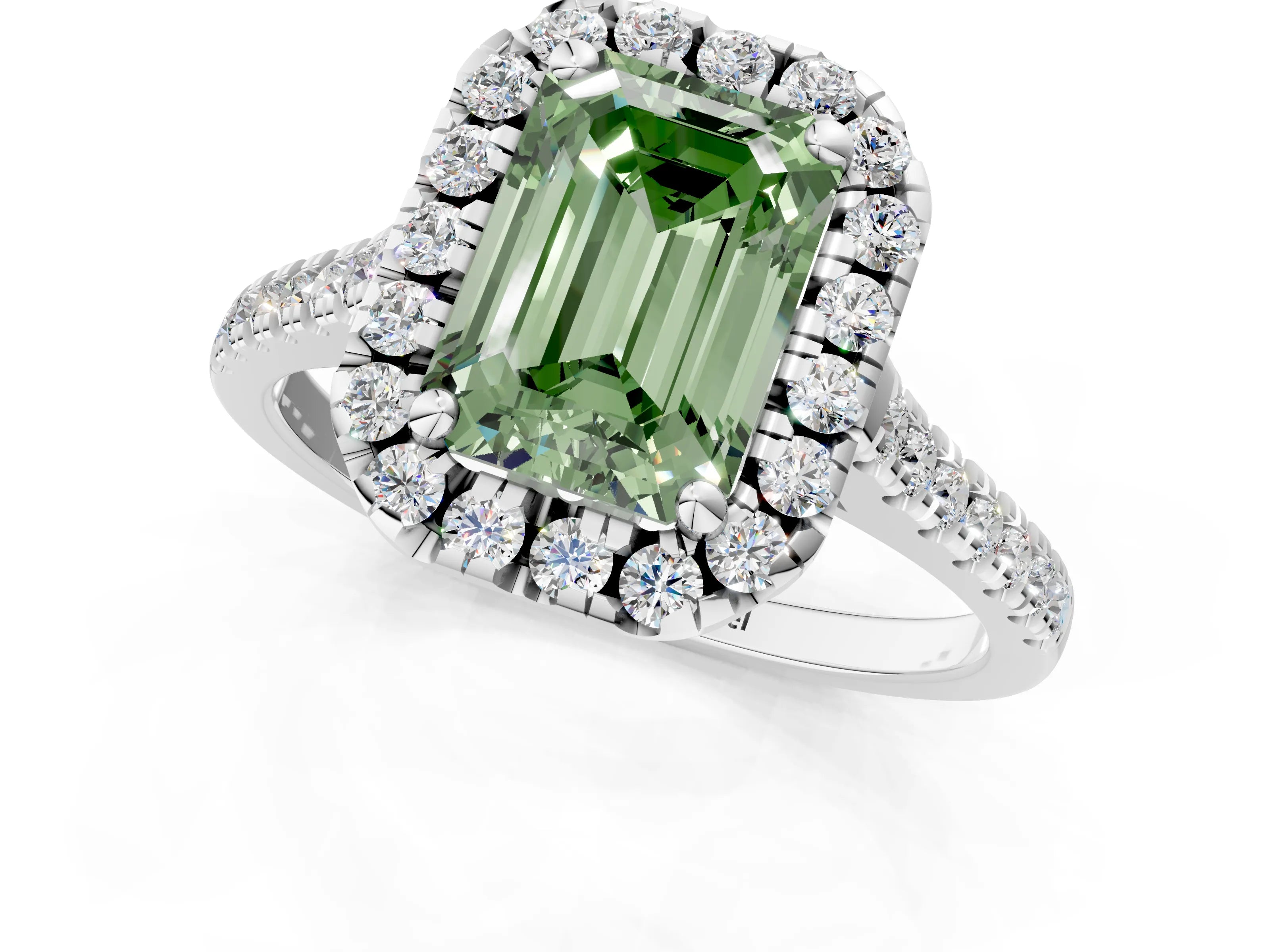 White gold Fancy Green Emerald Cut Diamond Cushion Halo Ring with Pavé Band_13