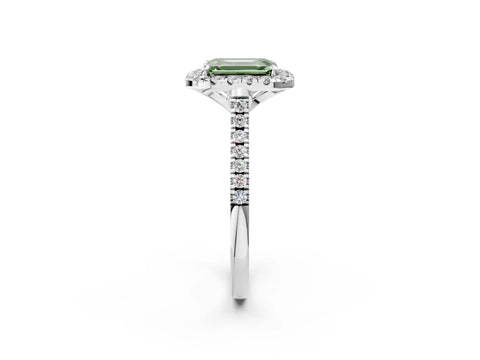 White gold Fancy Green Emerald Cut Diamond Cushion Halo Ring with Pavé Band_14