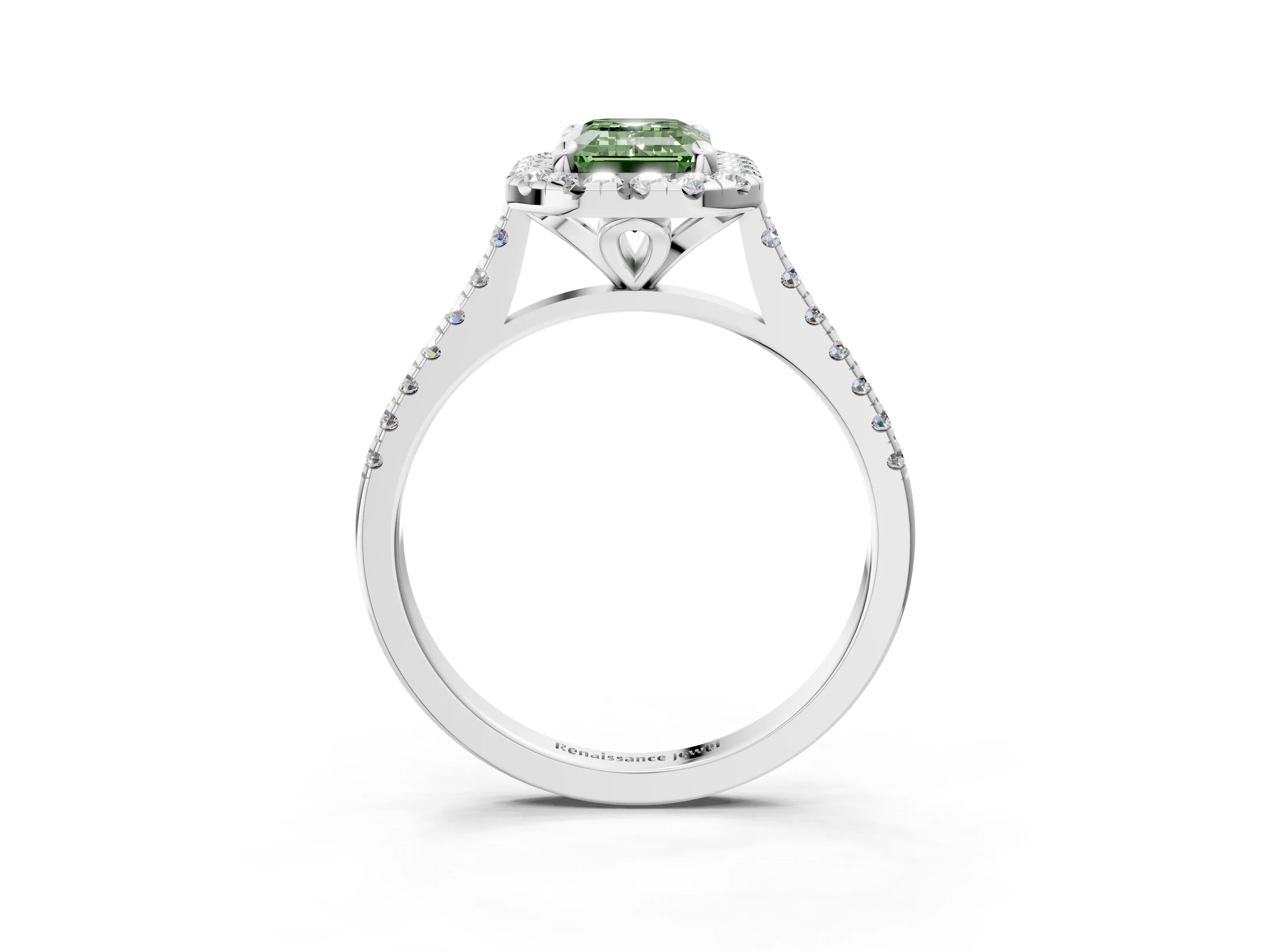 White gold Fancy Green Emerald Cut Diamond Cushion Halo Ring with Pavé Band_15