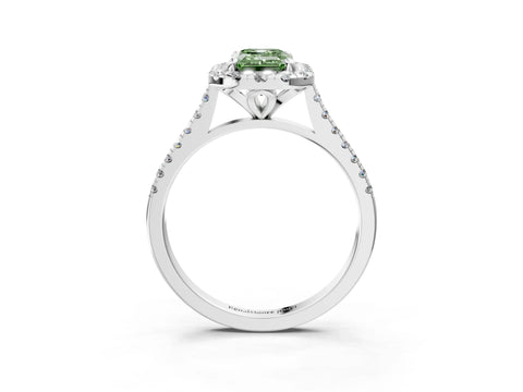 White gold Fancy Green Emerald Cut Diamond Cushion Halo Ring with Pavé Band_15