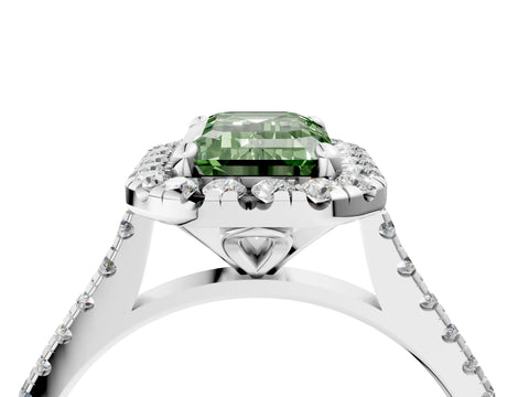 White gold Fancy Green Emerald Cut Diamond Cushion Halo Ring with Pavé Band_16