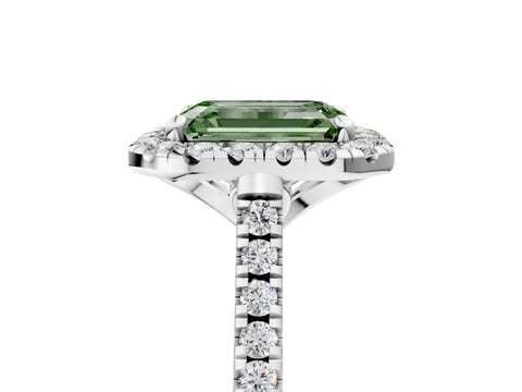 White gold Fancy Green Emerald Cut Diamond Cushion Halo Ring with Pavé Band_17