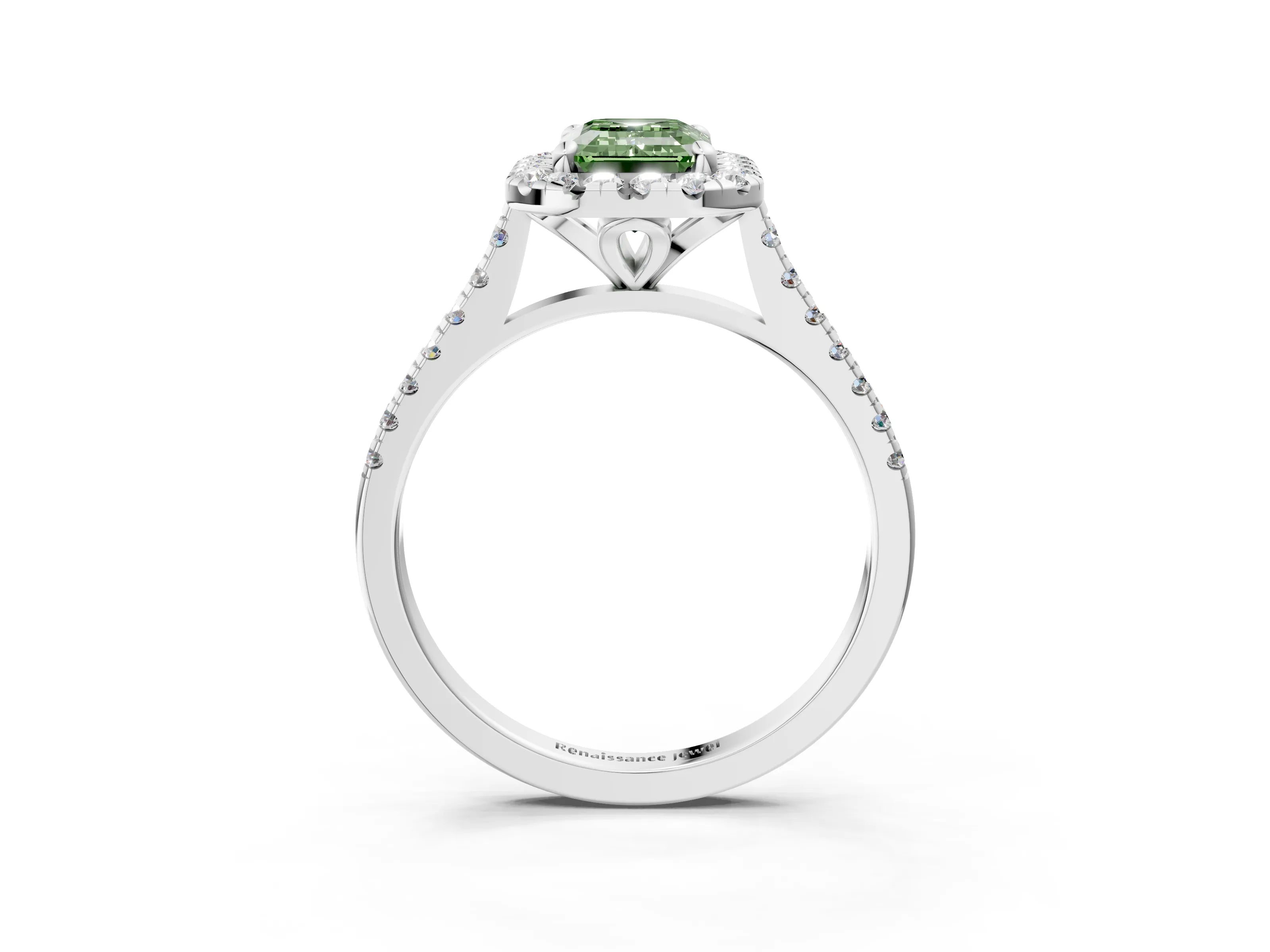 White gold Fancy Green Emerald Cut Diamond Cushion Halo Ring with Pavé Band_3