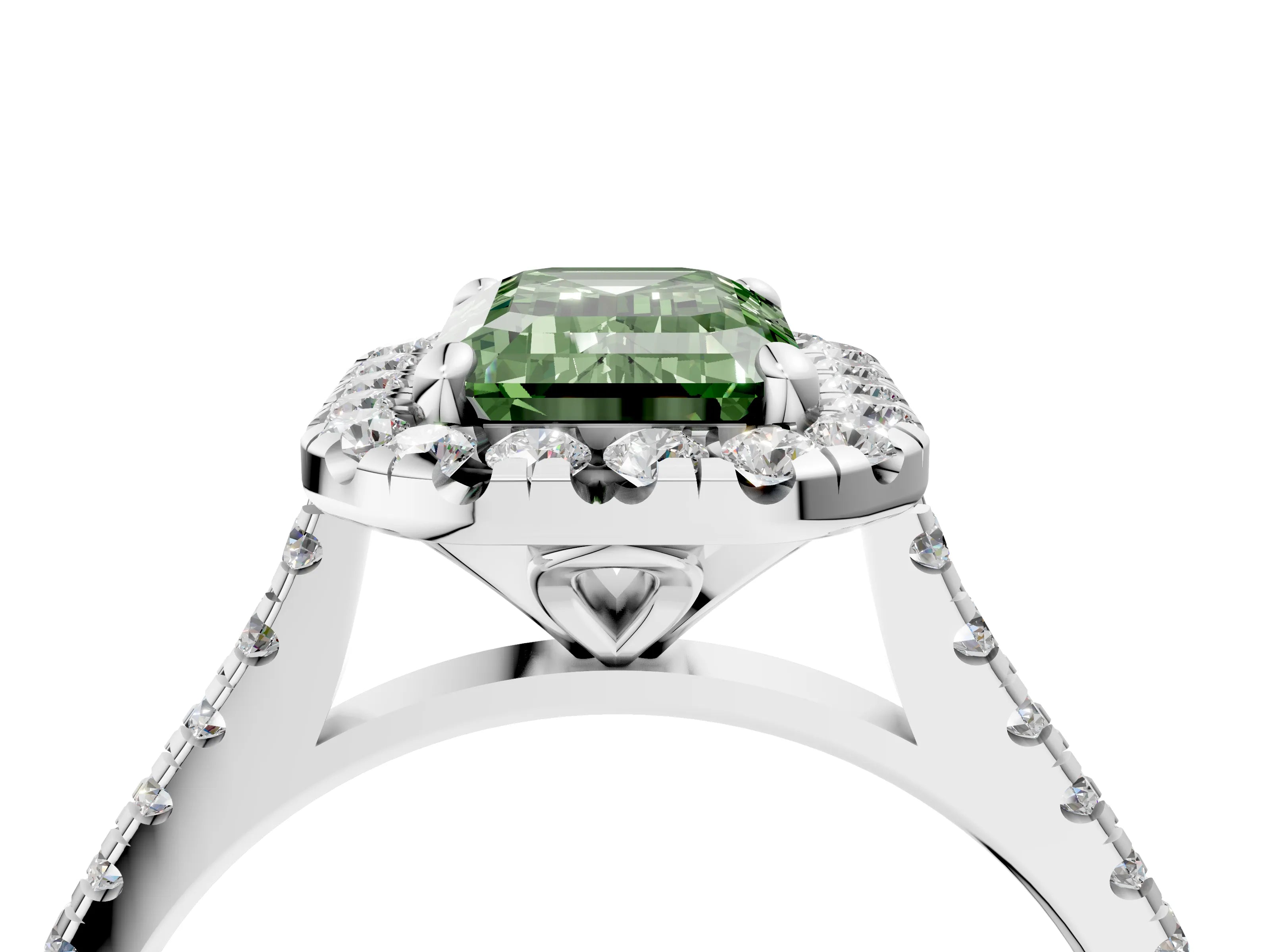 White gold Fancy Green Emerald Cut Diamond Cushion Halo Ring with Pavé Band_4