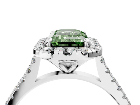 White gold Fancy Green Emerald Cut Diamond Cushion Halo Ring with Pavé Band_4