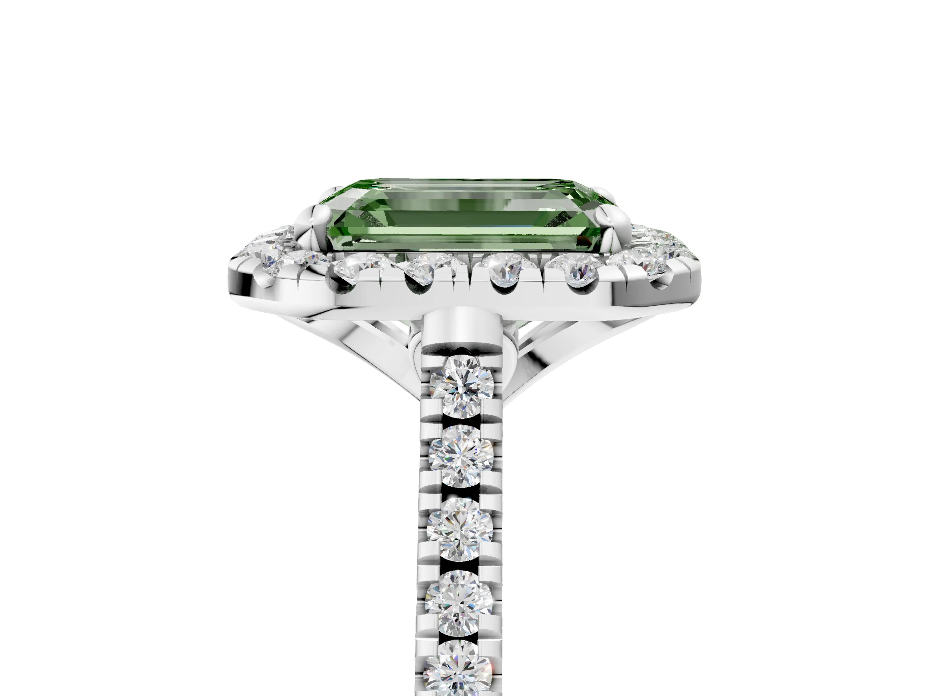 White gold Fancy Green Emerald Cut Diamond Cushion Halo Ring with Pavé Band_5