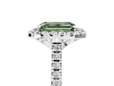 White gold Fancy Green Emerald Cut Diamond Cushion Halo Ring with Pavé Band_5