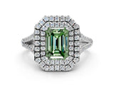 White gold Fancy Green Emerald Cut Diamond Double Halo Ring with Pavé Band and Prong Setting_101