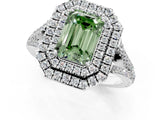 White gold Fancy Green Emerald Cut Diamond Double Halo Ring with Pavé Band and Prong Setting_102