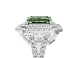 White gold Fancy Green Emerald Cut Diamond Double Halo Ring with Pavé Band and Prong Setting_106