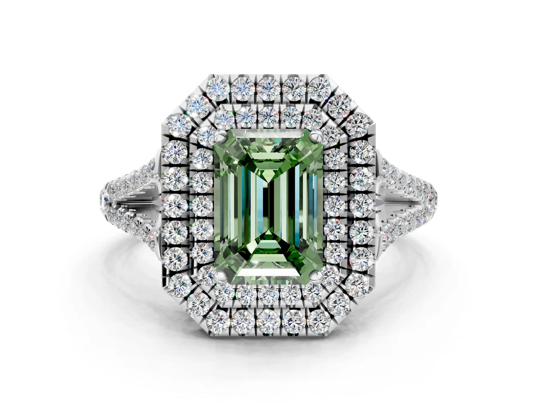 White gold Fancy Green Emerald Cut Diamond Double Halo Ring with Pavé Band and Prong Setting_107