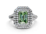 White gold Fancy Green Emerald Cut Diamond Double Halo Ring with Pavé Band and Prong Setting_112