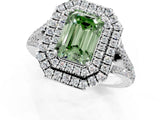 White gold Fancy Green Emerald Cut Diamond Double Halo Ring with Pavé Band and Prong Setting_113