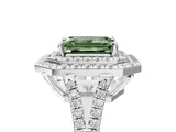 White gold Fancy Green Emerald Cut Diamond Double Halo Ring with Pavé Band and Prong Setting_117