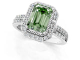 White gold Fancy Green Emerald Cut Diamond Double Halo Ring with Split Shank and Four-Prong Setting_1