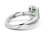 White gold Fancy Green Emerald Cut Diamond Double Halo Ring with Split Shank and Four-Prong Setting