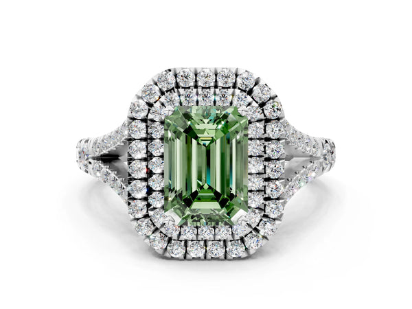 White gold Fancy Green Emerald Cut Diamond Double Halo Ring with Split Shank and Prong Setting