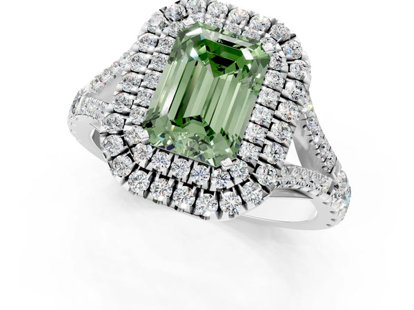 White gold Fancy Green Emerald Cut Diamond Double Halo Ring with Split Shank and Prong Setting