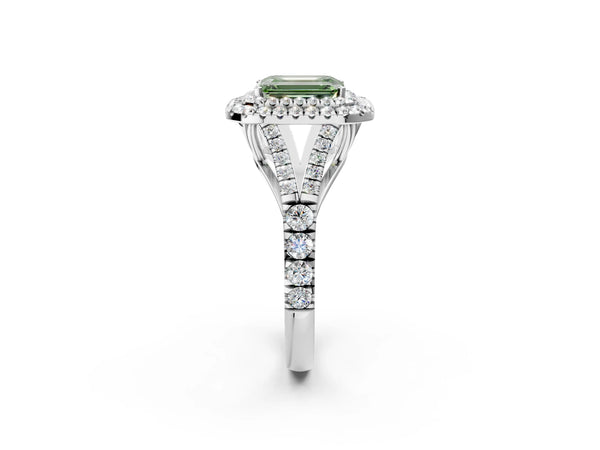 White gold Fancy Green Emerald Cut Diamond Double Halo Ring with Split Shank and Prong Setting
