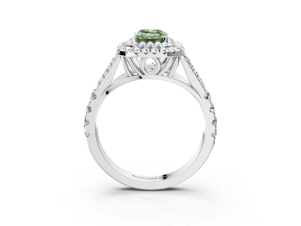 White gold Fancy Green Emerald Cut Diamond Double Halo Ring with Split Shank and Prong Setting