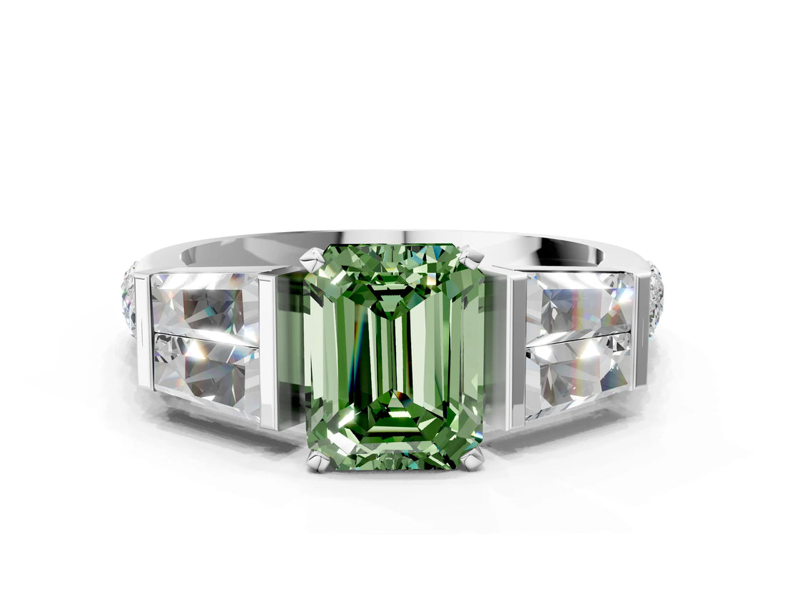White gold Fancy Green Emerald Cut Diamond Engagement Ring with Baguette Side Stones and Channel Set Band_48