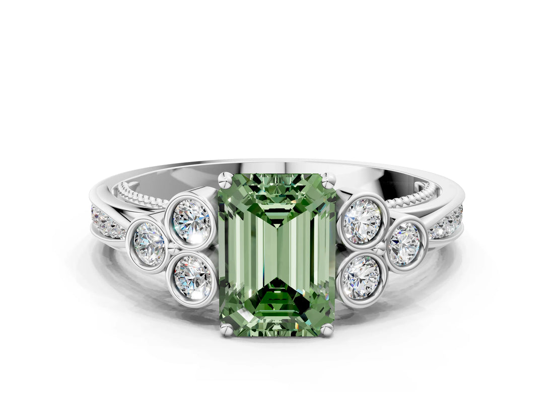 White gold Fancy Green Emerald  Cut Diamond Engagement Ring with Bezel Set Round Side Stones and Prong Setting_48