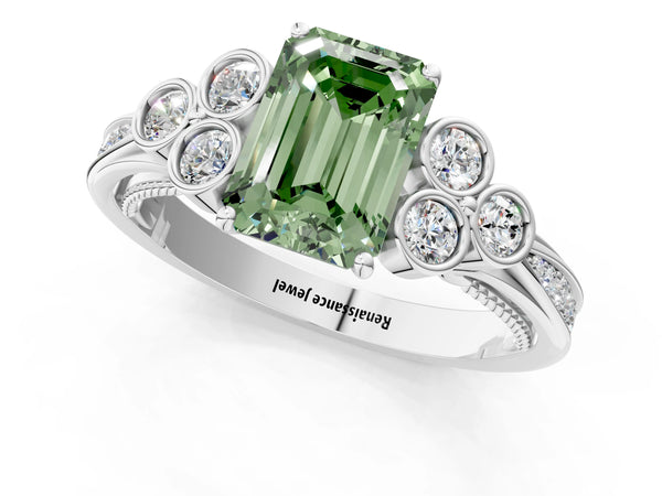 Platinum Emerald Cut Engagement Ring Setting for Fancy Green Center with Bezel-Set Shoulder Clusters