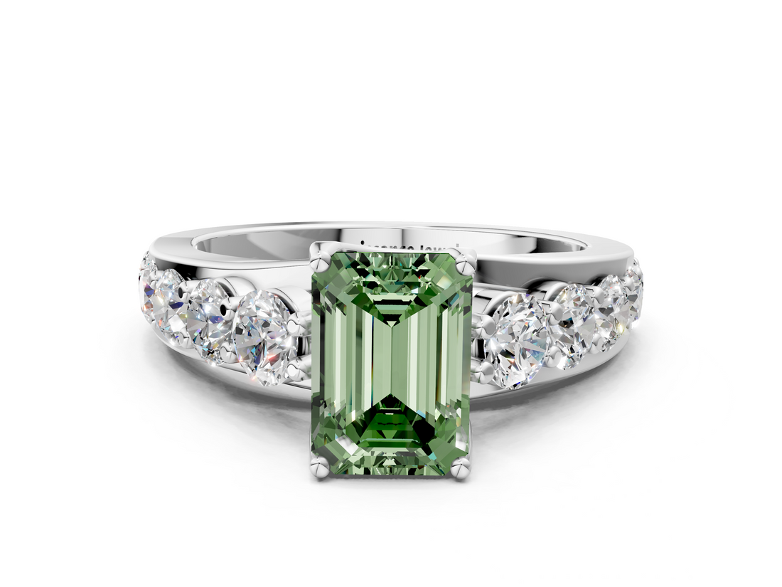 White gold Fancy Green Emerald  Cut Diamond Engagement Ring with Pavé Band and Four-Prong Setting_3
