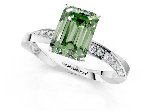 Platinum Fancy Green Emerald Cut Diamond Engagement Ring with Side Stone Accents and Four-Prong Setting