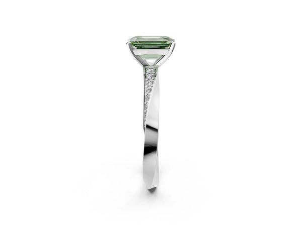 Platinum Fancy Green Emerald Cut Diamond Engagement Ring with Side Stone Accents and Four-Prong Setting