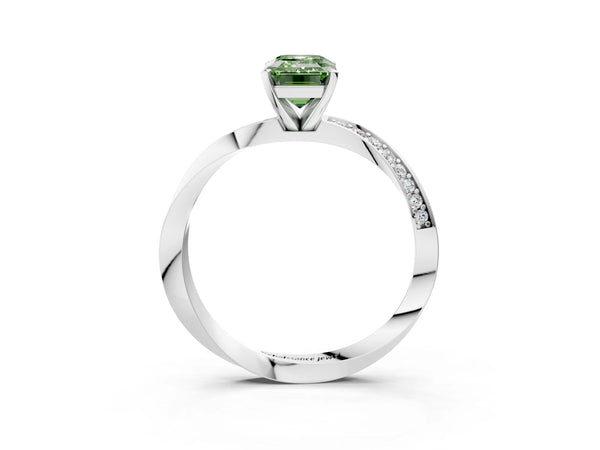 Platinum Fancy Green Emerald Cut Diamond Engagement Ring with Side Stone Accents and Four-Prong Setting