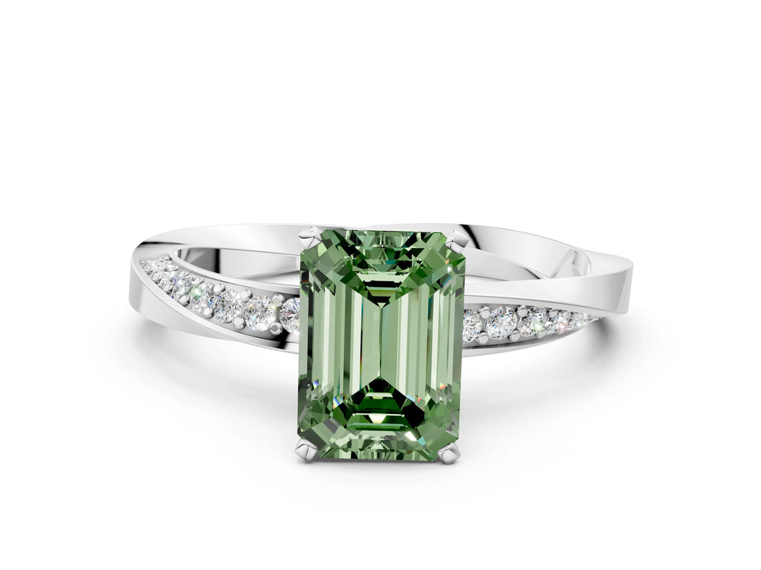 White gold Fancy Green Emerald Cut Diamond Engagement Ring with Side Stone Accents and Four-Prong Setting_72