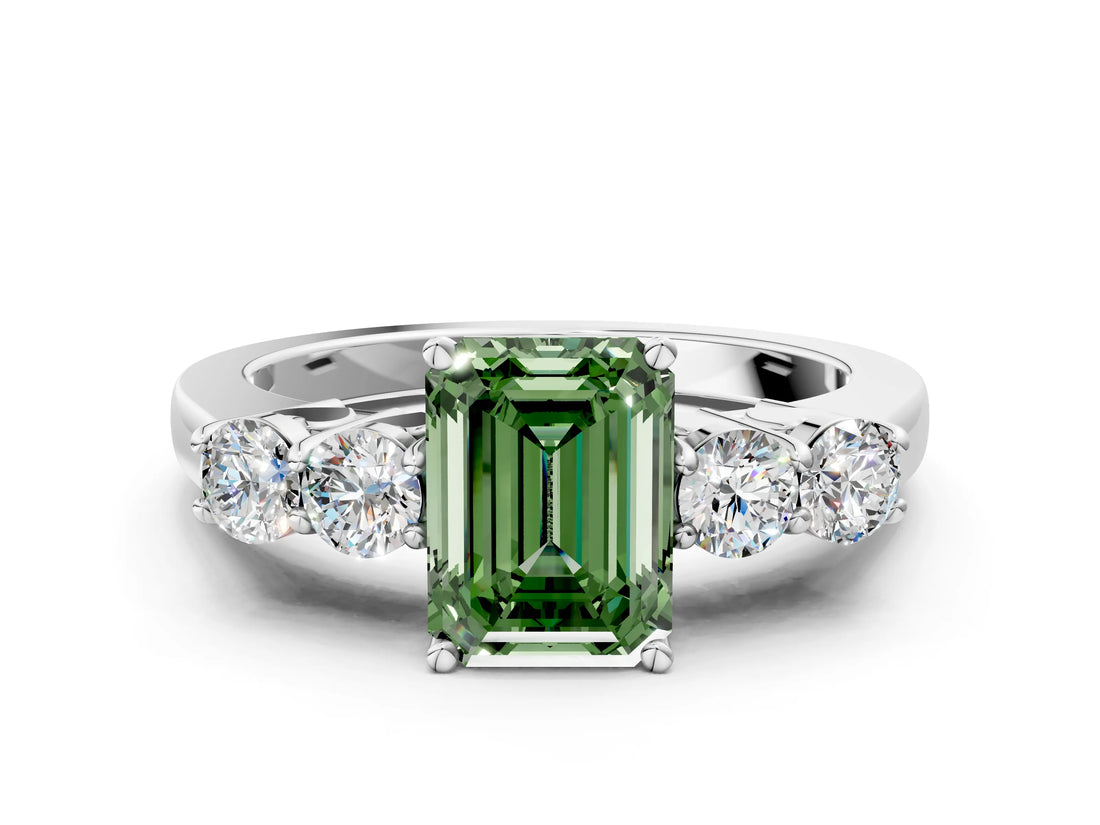 White gold Fancy Green Emerald  Cut Diamond Five-Stone Prong Set White Gold Ring_32