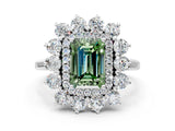 White gold Fancy Green Emerald Cut Diamond Floral Double Halo Engagement Ring with Prong Setting