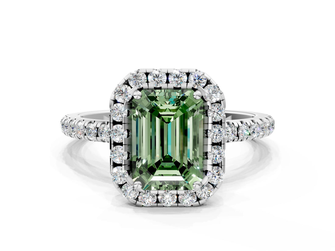 White gold Fancy Green Emerald  Cut Diamond Floral Halo Engagement Ring with Pavé Band and Prong Setting_61