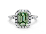 White gold Fancy Green Emerald  Cut Diamond Floral Halo Engagement Ring with Pavé Band and Prong Setting_70