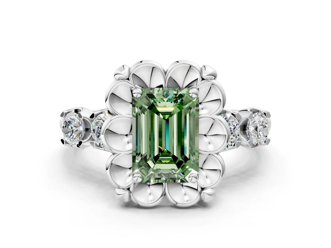 White gold Fancy Green Emerald  Cut Diamond Floral Halo Engagement Ring with Shared Prong Setting 1