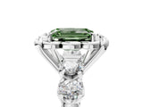 White gold Fancy Green Emerald  Cut Diamond Floral Halo Engagement Ring with Shared Prong Setting