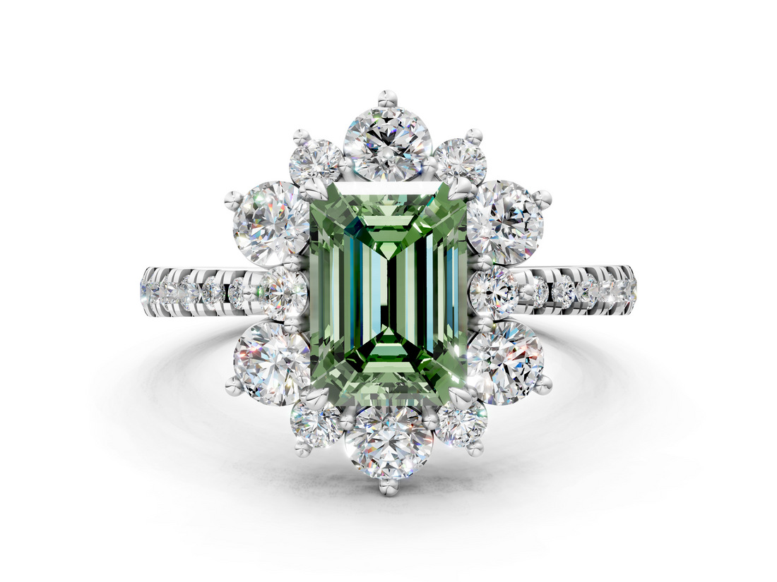 White gold Fancy Green Emerald  Cut Diamond Floral Halo Pave Band with Prong Setting_35