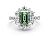 White gold Fancy Green Emerald  Cut Diamond Floral Halo Pave Band with Prong Setting_35