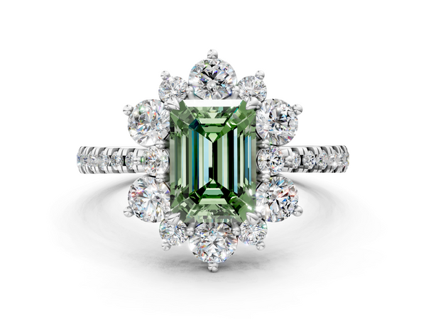 Platinum Fancy Green Emerald  Cut Diamond Floral Halo Pave Band with Prong Setting